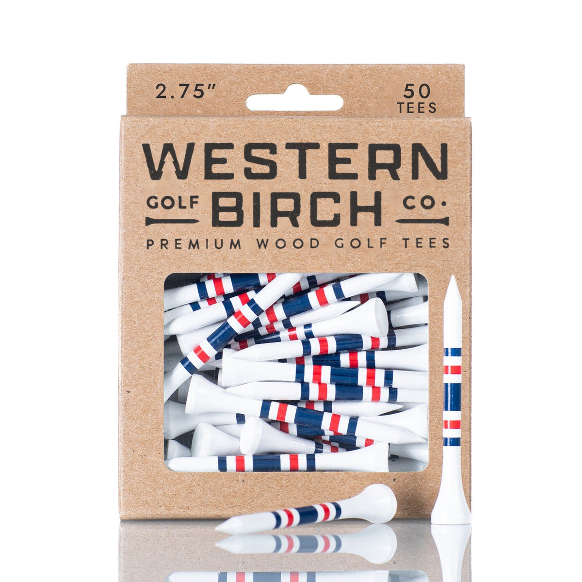 "Boston Tee Party" 2.75" striped hardwood golf tees in a Western Birch box
