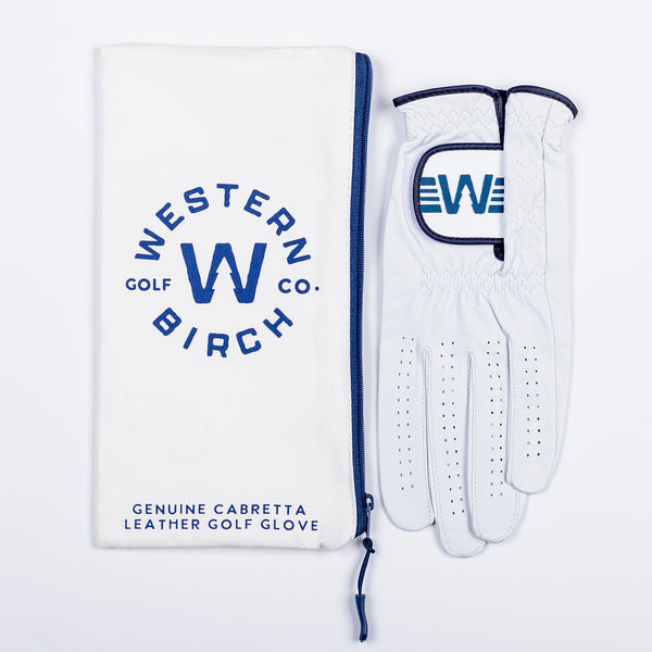 Classic Cabretta Leather Golf Glove & Box of Tees - Blue Trim
