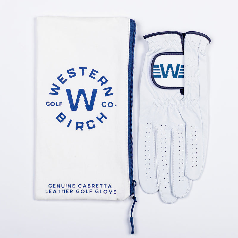 Classic Cabretta Leather Golf Glove & Box of Tees - Blue Trim