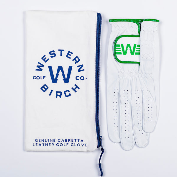 Classic Cabretta Leather Golf Glove & Box of Tees - Green Trim